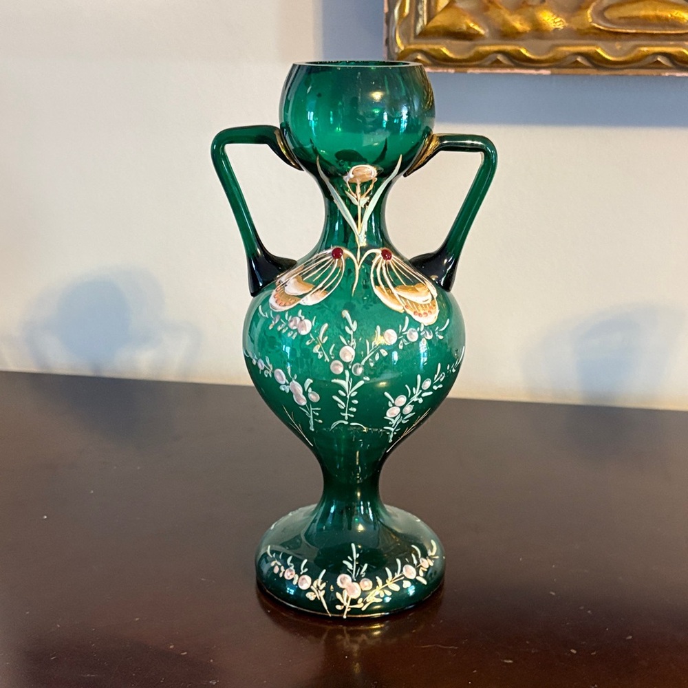 Elegant Green Glass Vase with Floral Design